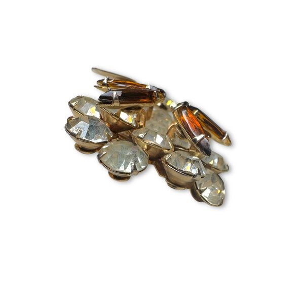 Unsigned Brown Clear Crystal Layered Glass Gold Flower Brooch - Picture 8 of 11